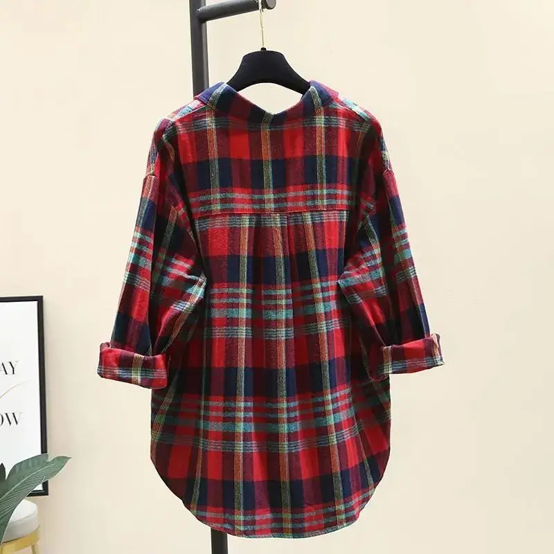 Plaid Vintage Polo-Neck Long Sleeve Loose Single Breasted Women\'s Blouse Shirt Korean Fashion Female Clothing Tops 2024 Spring