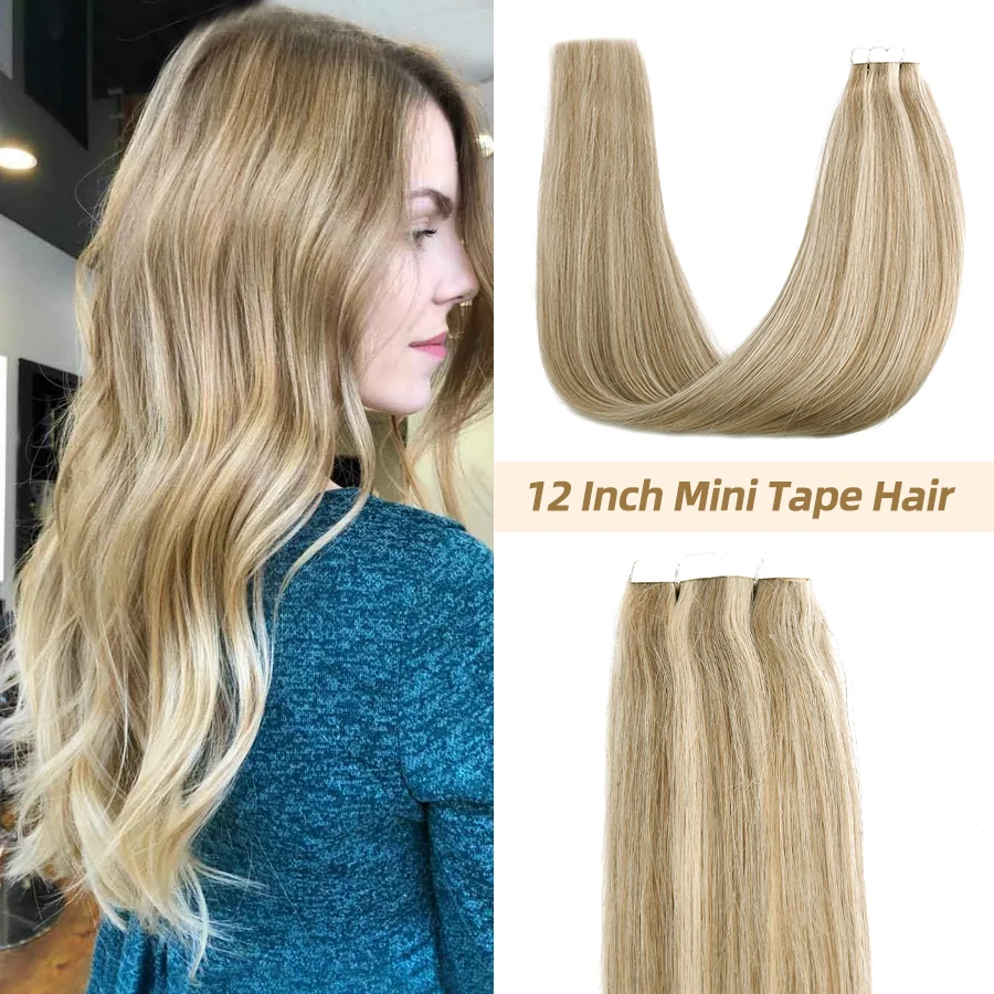 Neitsi niewidzialna Mini miarka w przedłużaniu włosów czarne kobiety 100% naturalny adhezyjny ludzki taśma do włosów In Straight 12 "16" blond Ombre