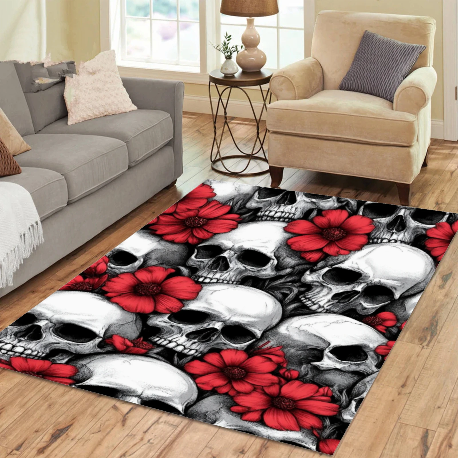 

1pc Carpet Skull Flowers Print Living Room Bedroom Decor Non-slip Rug Parlor Floor Mat Surface Comfortable Carpet Birthday Gift