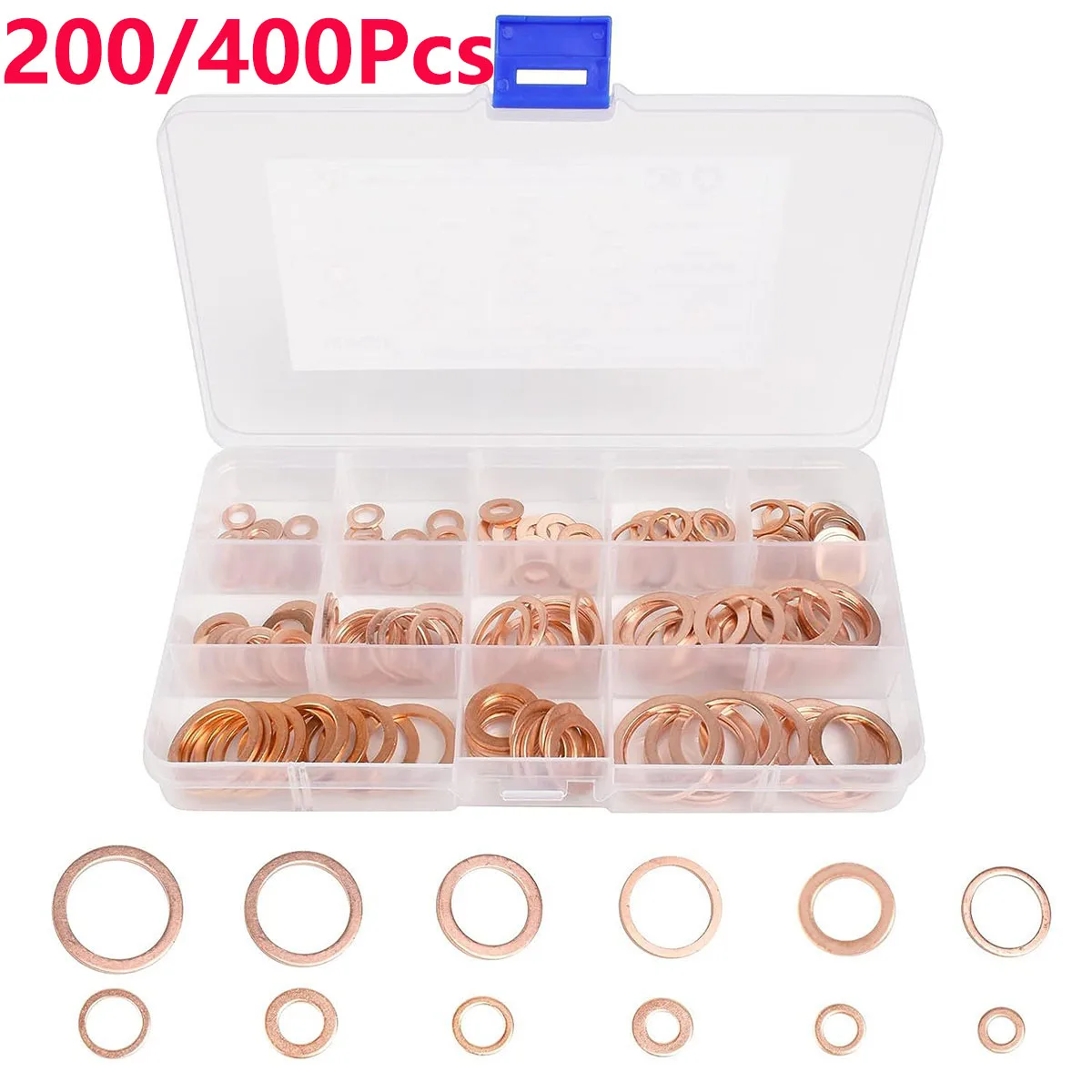 

200/400Pcs Assorted Copper Gasket Seal Ring Hardware Set Metal Flat Washer Copper Washer Gasket Nut Bolt M5 M6 M8 M10 M12 M14