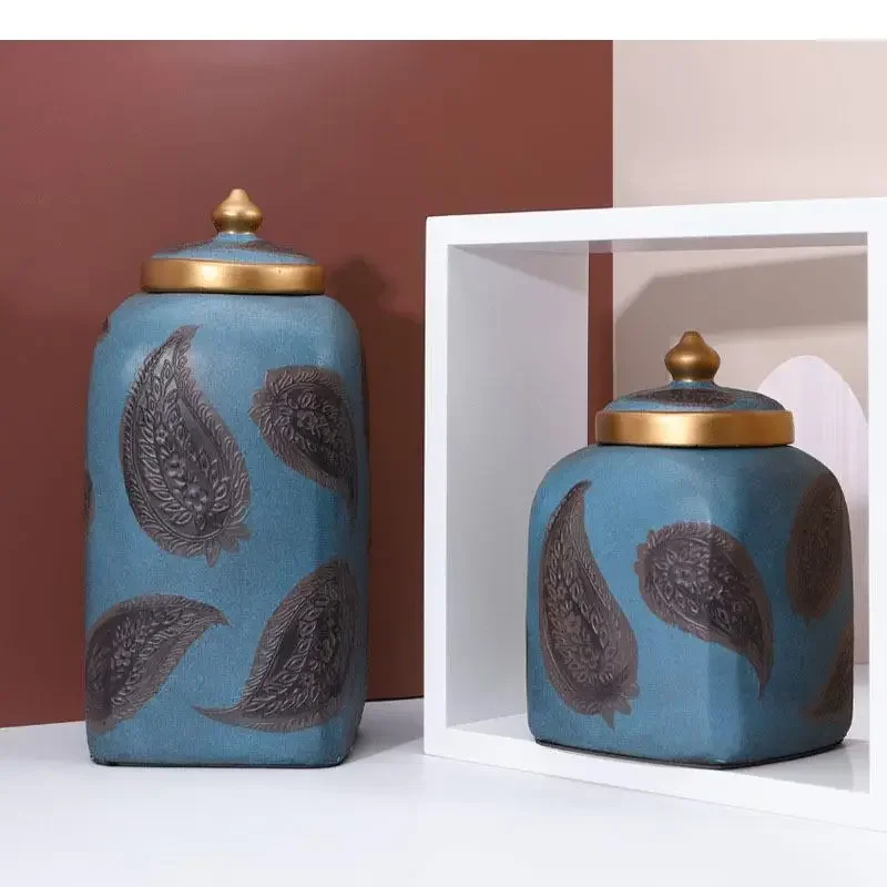 Pots de rangement décoratifs en porcelaine à motif de plumes avec couvercle