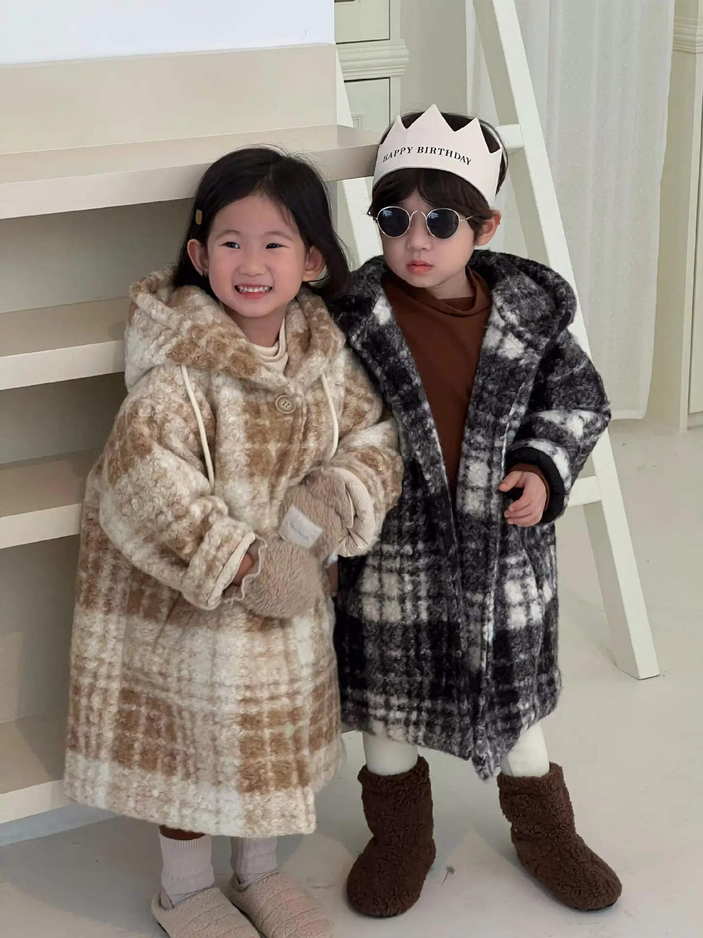 

Long Winter Coat For Girls Plaid Woolen Jacket For Girl Kids Outerwear Winter England Style Students Clothes For Boys Coats