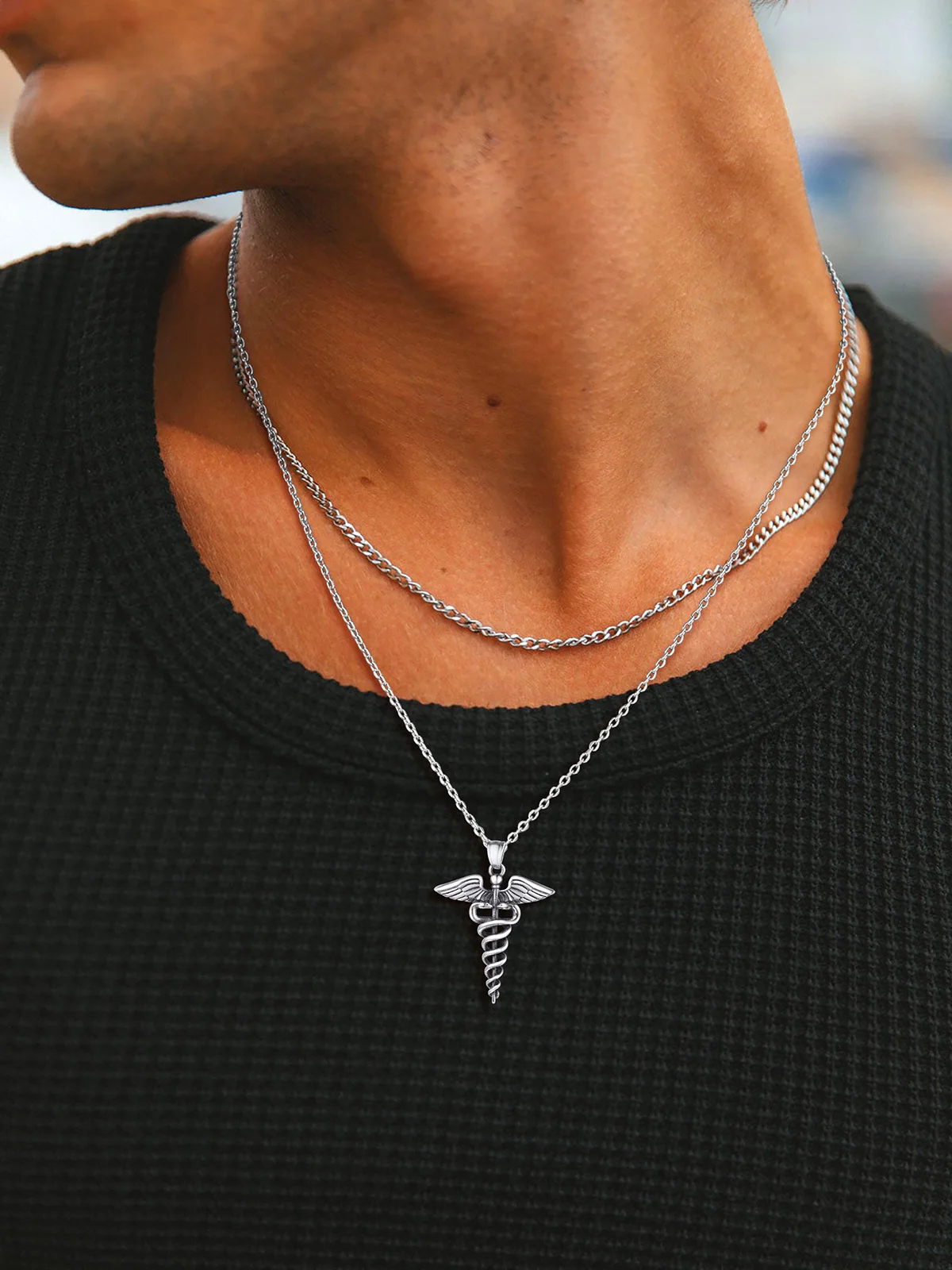 U7 Caduceus Necklaces Medical Symbol Nurse Doctor Stainless Steel Double Snake Wings Mythology Symbol Necklaces for Women Men