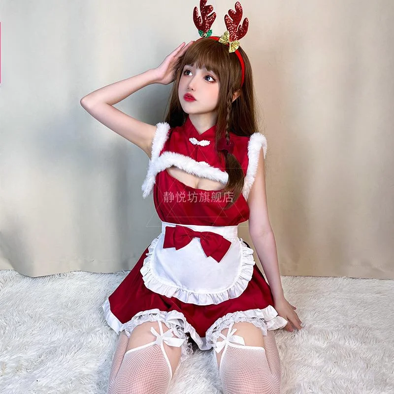 Disfraz de Navidad cosplay conejito sexy blanco peludo vestido de sirvienta china club nocturno disfraz de Navidad