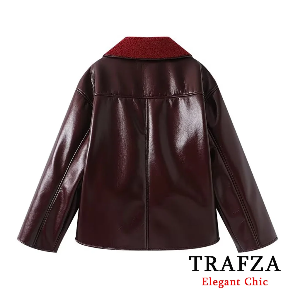 Trafza feminino outono inverno borgonha casaco de lapela vintage novo 2025 moda retro solto casaco de couro único breasted