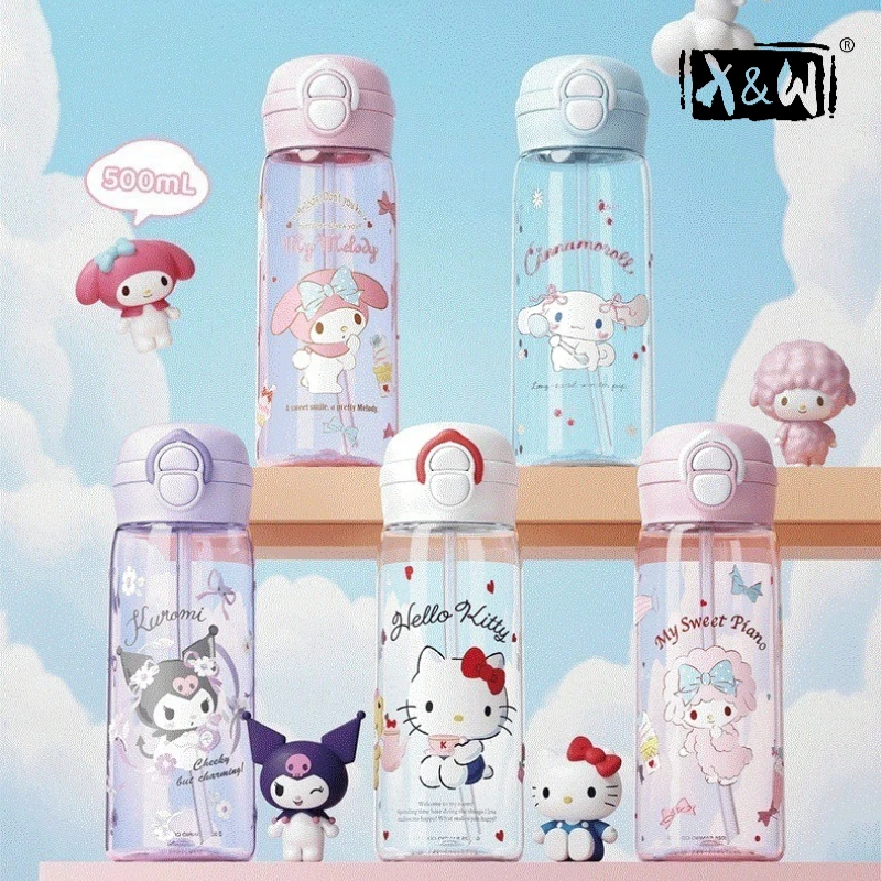 X&W 500ml Sanrio Series Pop-up Straw Cup Tritan Transparent Cartoon Pattern Plastic Cup WaterBottle Portable for Students Use