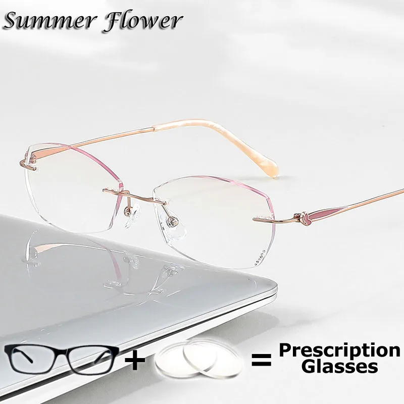 

Customize Reading Glasses High End Titanium Rimless Frame Gradient Pink Lenses Prescription Anti Blue Ray Myopia Optical Glasses