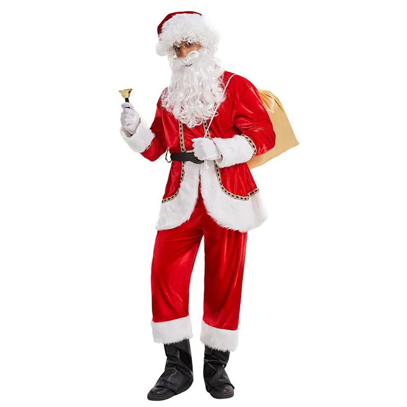 Adult Christams Santa Claus Costume Cosplay Holiday Party Red Christmas Tops Pants Hat Belt Gloves Beard and Wig M-2XL Women Men