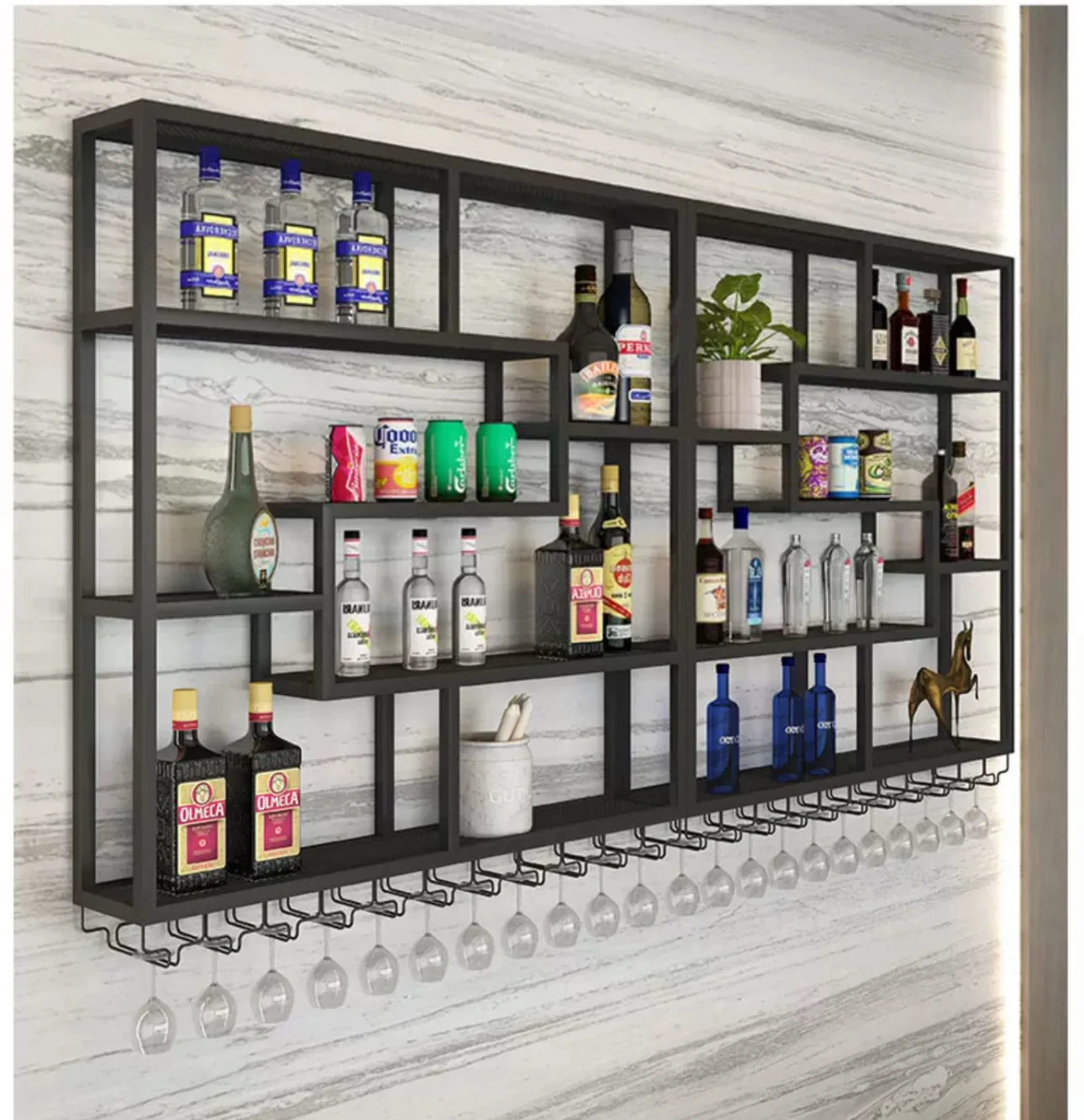 

Simple luxury bar wine cabinet wall rack wrought iron creative decoration restaurant wine rack hanging by the wall.