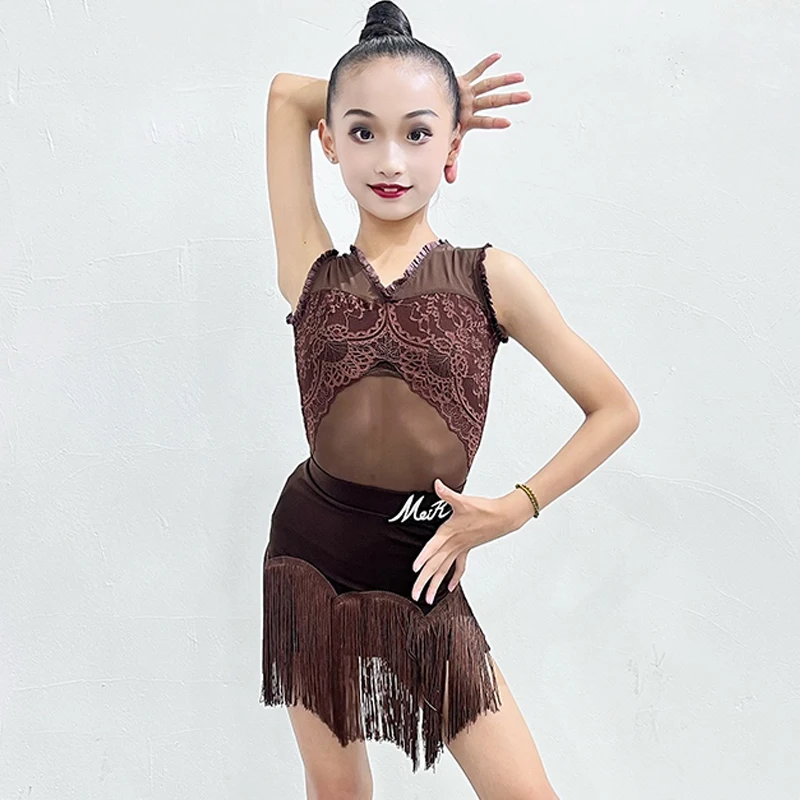 

Summer Kids Girls Latin Dance Dress Sleeveless Set Brown Lace Tops Fringed Skirt Cha Cha Dance Costume Practice Clothes DNV21221