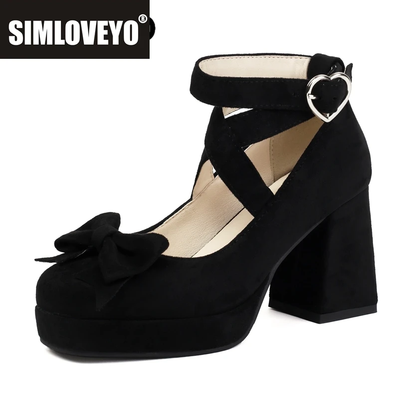 

SIMLOVEYO Женские туфли-лодочки Мэри Джейн с круглым носком, туфли из флока на блочном каблуке 8,5 см, туфли на платформе с пряжкой и ремешком, большой размер 42, 43 с бантом