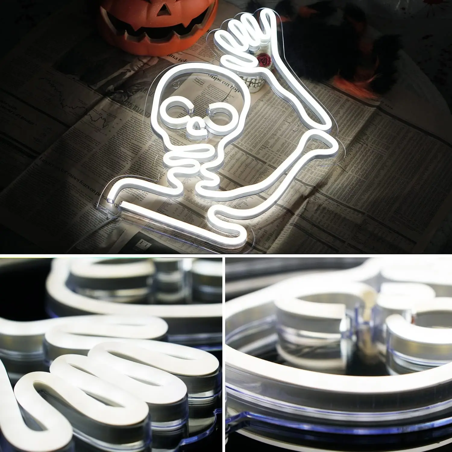 Lampu Neon tengkorak kerangka lampu Neon hantu Halloween lampu dinding Neon menakutkan dekorasi hadiah untuk anak-anak seni rumah Bar pesta Halloween