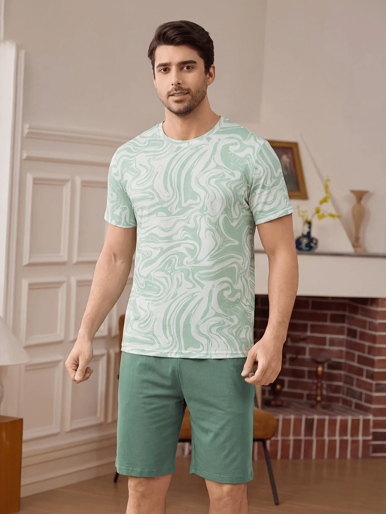 Pyjama-Set mit Buchstaben-Bär-Aufdruck, kurzärmliges Oberteil und lockere Shorts, atmungsaktiver Stoff, große Passform, Herren-Loungewear, Nachtwäsche, Pjs – Detail 17
