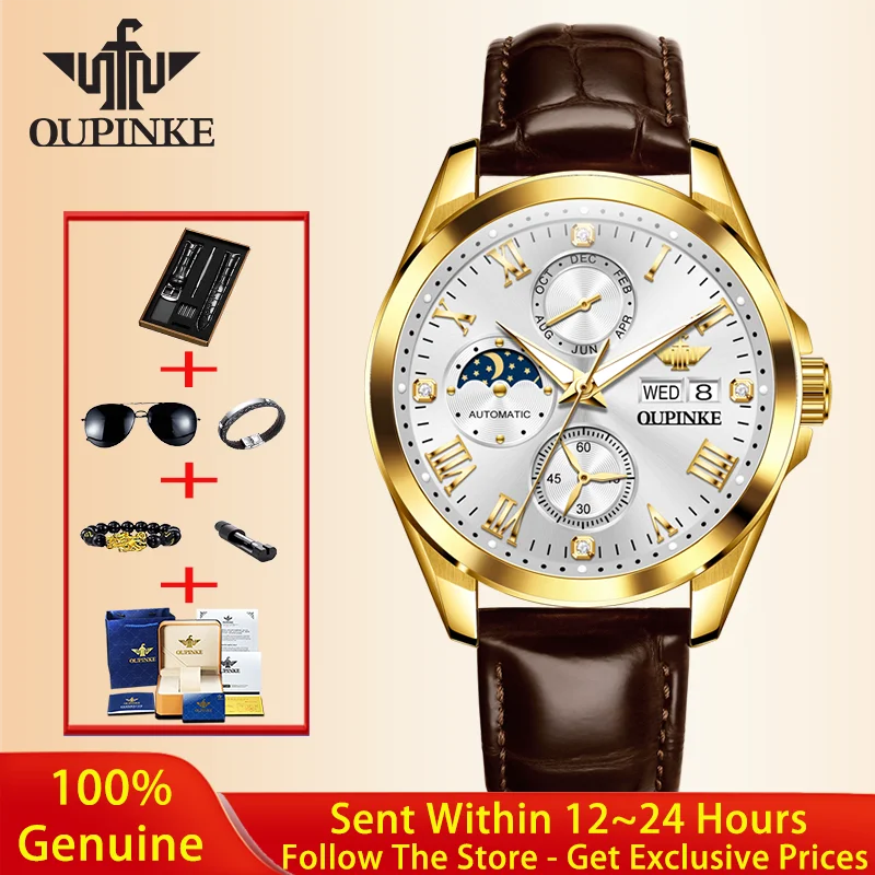 OUPINKE 3300 Men Watch Classic Roman Scale Moon Phase Waterproof Chronograph Casual Leather Strap Automatic Mechanical Men Watch
