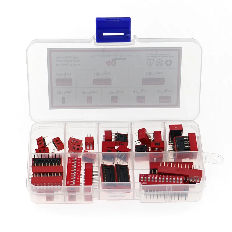 40pcs/lot dip switch Assorted kit 1 2 3 4 6 8 10 12 pin 2.54mm toggle switch red snap switches each 5pcs combination set