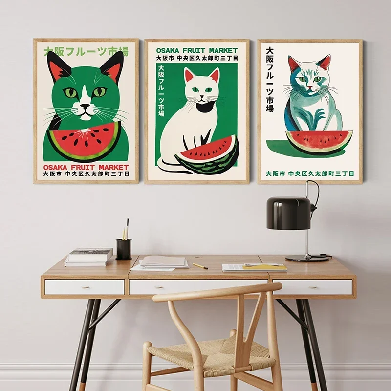 Fruit Market Watermelon and Orange with White Cat Poster Japan Exhibit Canvas Painting for Living Room Wall Art Home Decor