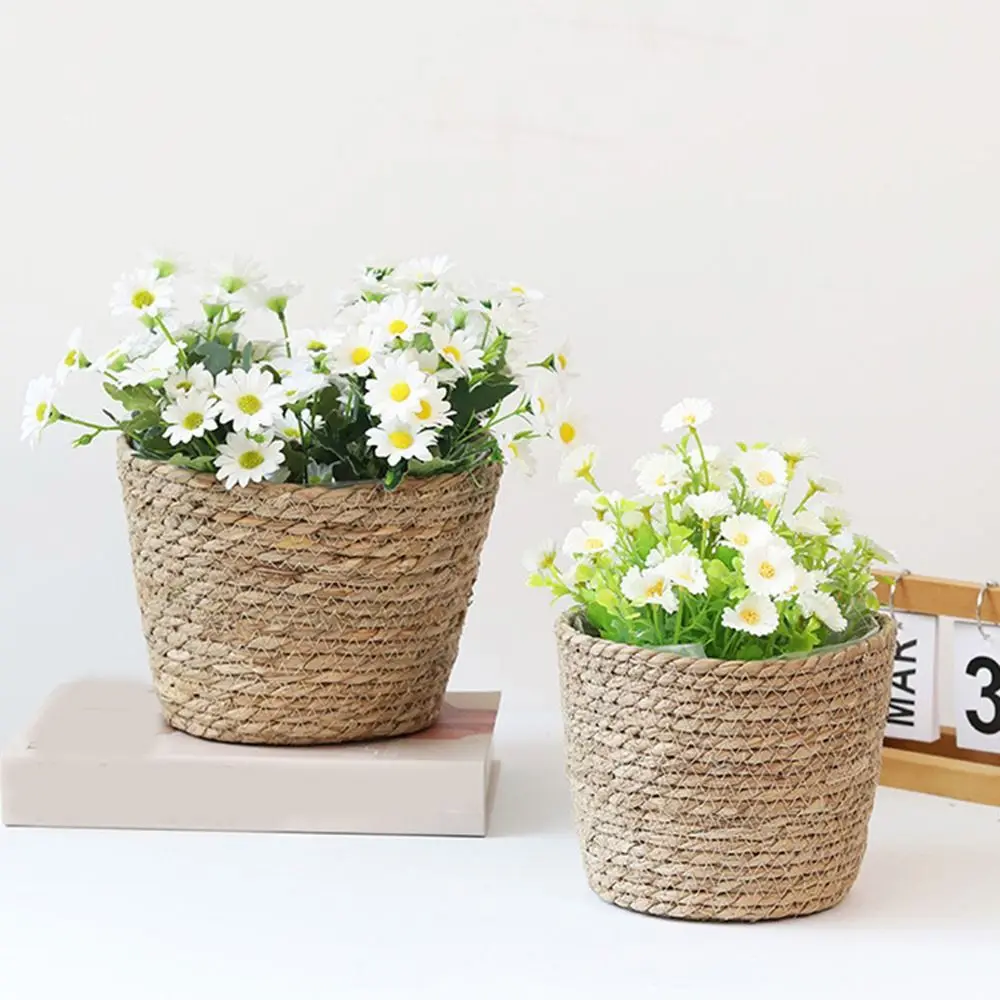 S/M/L Straw Weaving Flower Plant Pot Handmade Decorative Grass Woven Planter Basket Leakproof Seedling Containers for Home