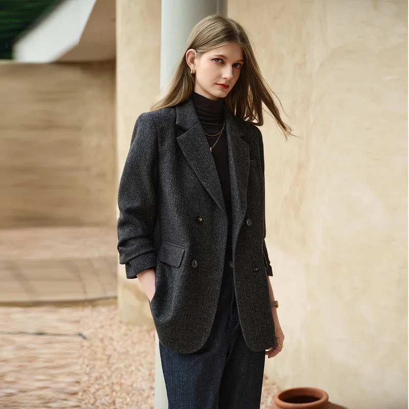 Men's Coffee-Color Wool Blazer High-Quality Loose-Fitting Korean-Style Thickened AutumnWinter Jacket for Casual Wear