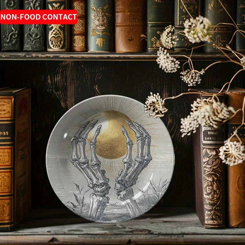 1pc Gothic Skeleton Hand Holding Golden Egg Ceramic Plate - Vintage European Style Round Decorative Tray, Non-Food Contact Home