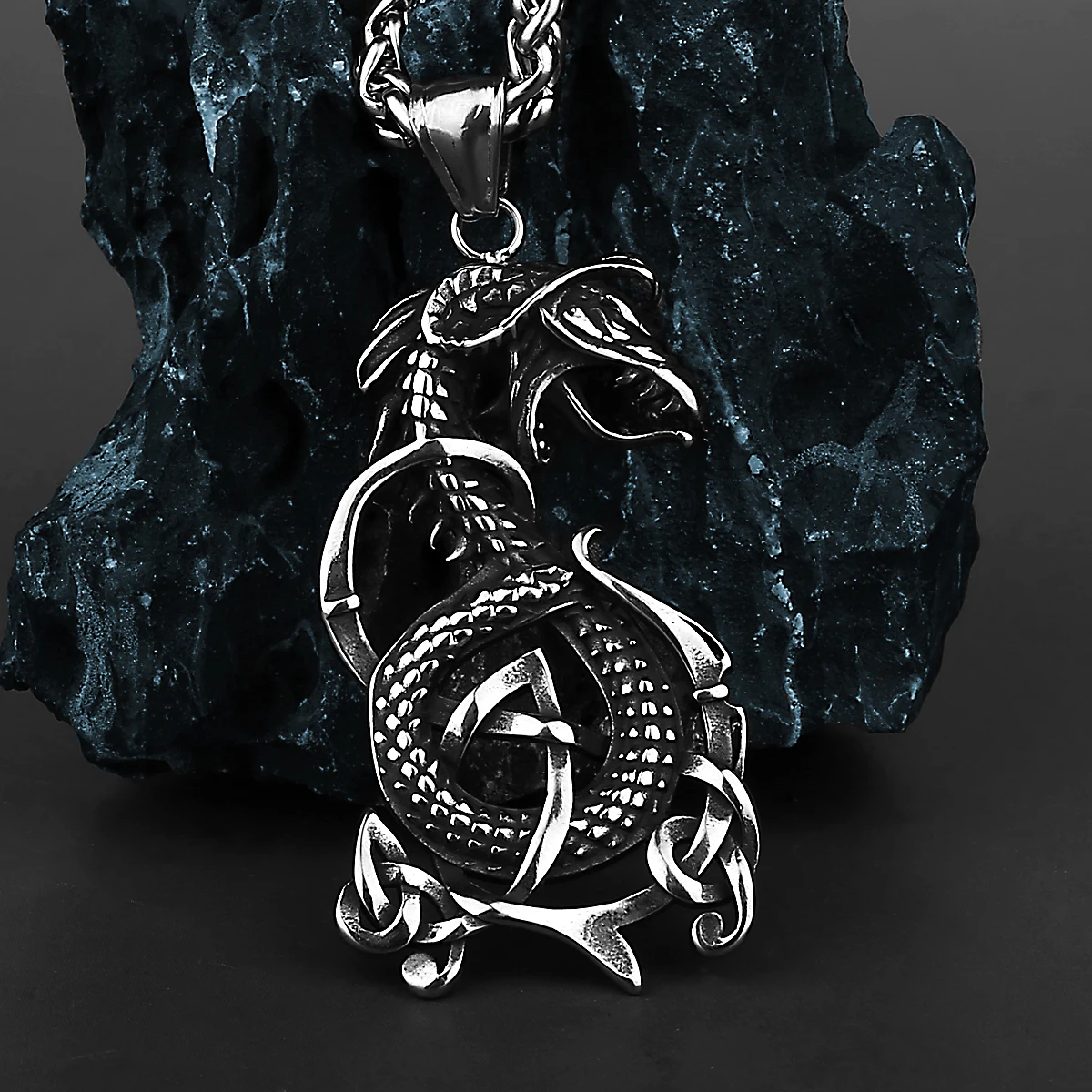 Viking Vintage Dragon Ouroboros Pendant Necklace Men's Scandinavian Stainless Steel Rune Amulet Necklace Jewelry Gift