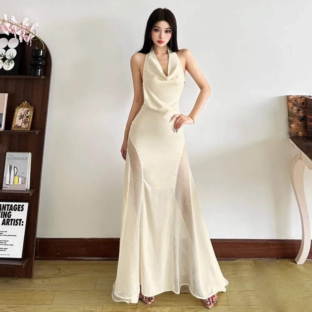 SylCue メッシュパッチワークマキシドレス女性スイング襟背中の開いたノースリーブミッドナイト宴会パーティーシャーリングエレガントなスキニー Vestidos