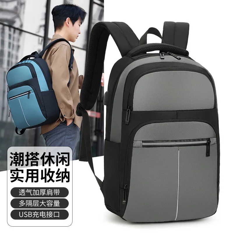 Men Color Block Casual Backpack 14 Inch Laptop Compatible Large Capacity Multi Compartment Breathable Padded Straps Usb Charging