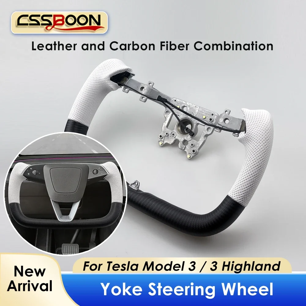 Carbon Fiber Custom Yoke Handle for Tesla Model 3 Highland 2023 2024 Nappa Leather Mix Style Sport Steering Wheel Car Accessory