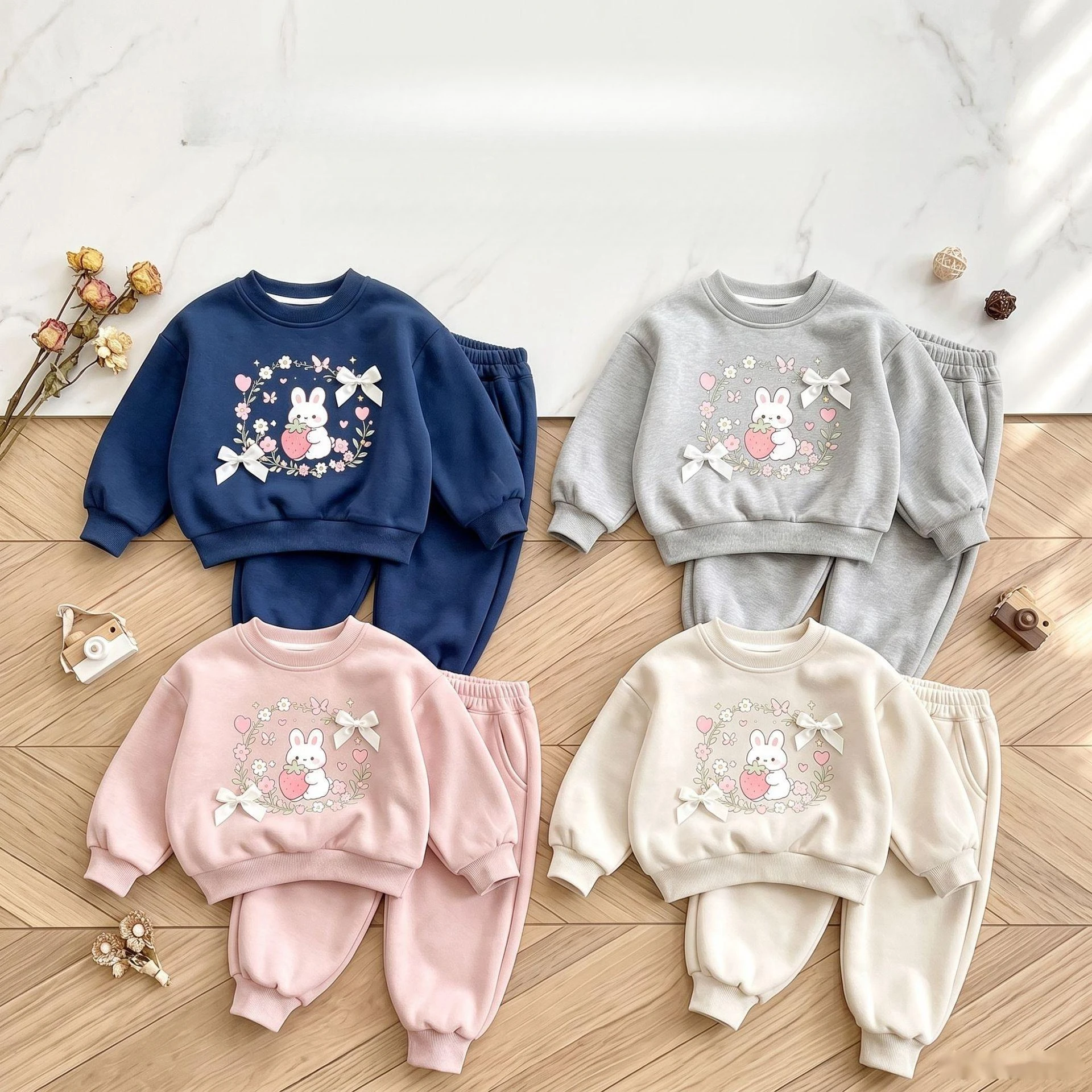 Girls Cartoon Bunny Print Sweatshirt & Joggers Set – Spring Casual 2-Piece Outfit for Toddlers, Cute Sports Wear