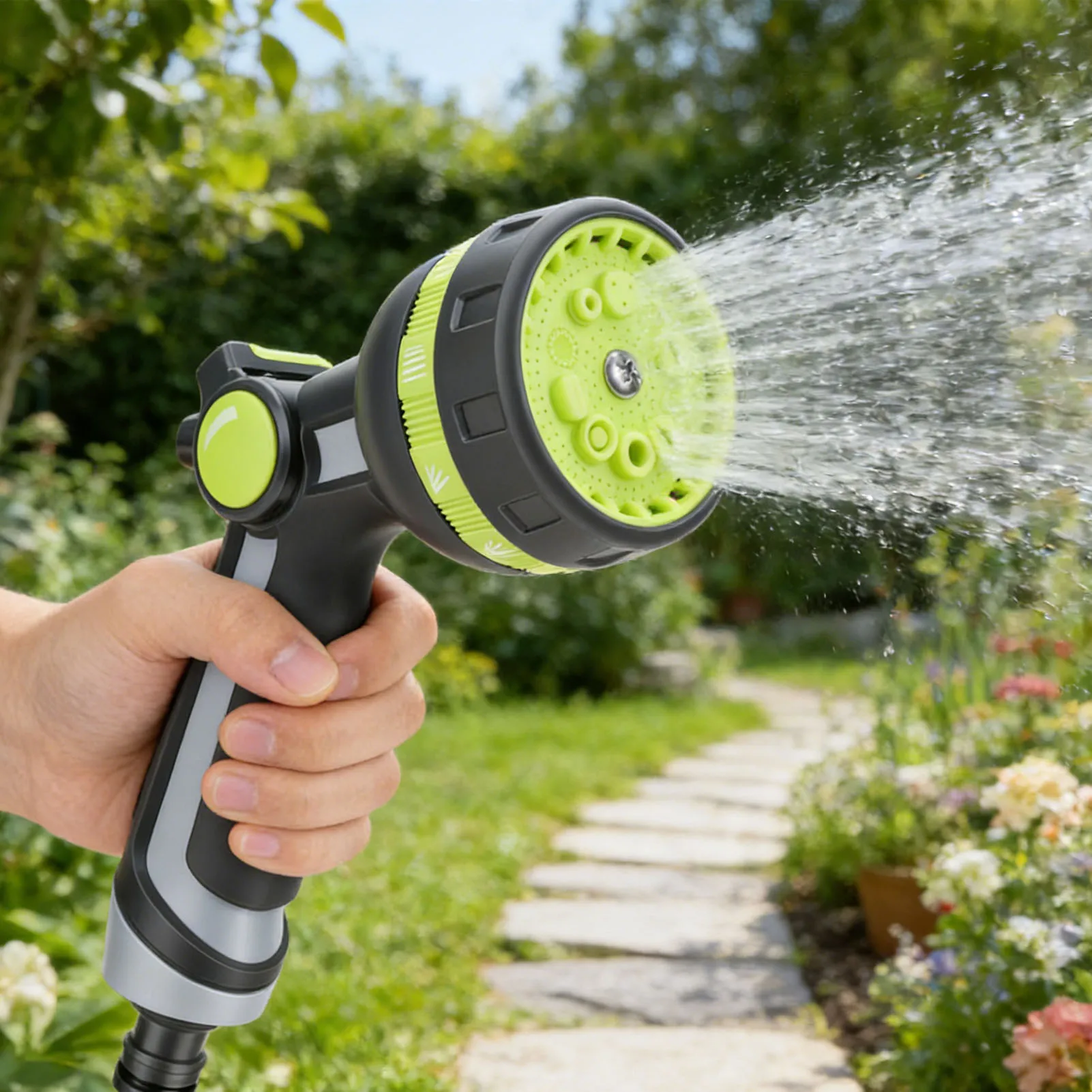 Gartenschlauchdüse, Gartenschlauchdüse mit Sprühkopf, leicht, multifunktional, Hochdruck, mit Daumenkontrolle für die Autowäsche, Grau