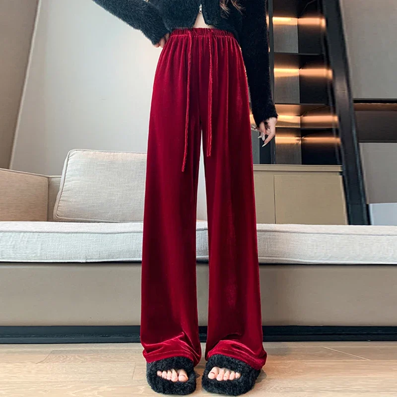 

Pop Autumn Winter Loose Golden Velvet Wide Leg Pants For Women High Waist Casual Baggy Girl Velour Trousers Clothes