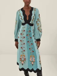 Spring Women's Long Sleeve Casual Style Polyester Material 2025 New Fashion V-neck Printed Hollow Back Dress