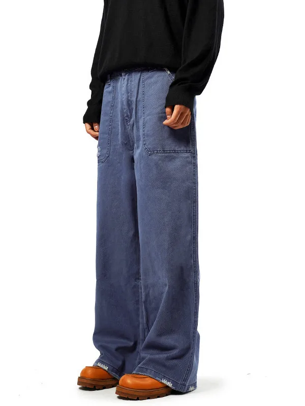 

Retro American Blue Waed Men's Work Trousers Loose Straight Leg Long Pants Spring Summer Casual Wear Destructed Hem