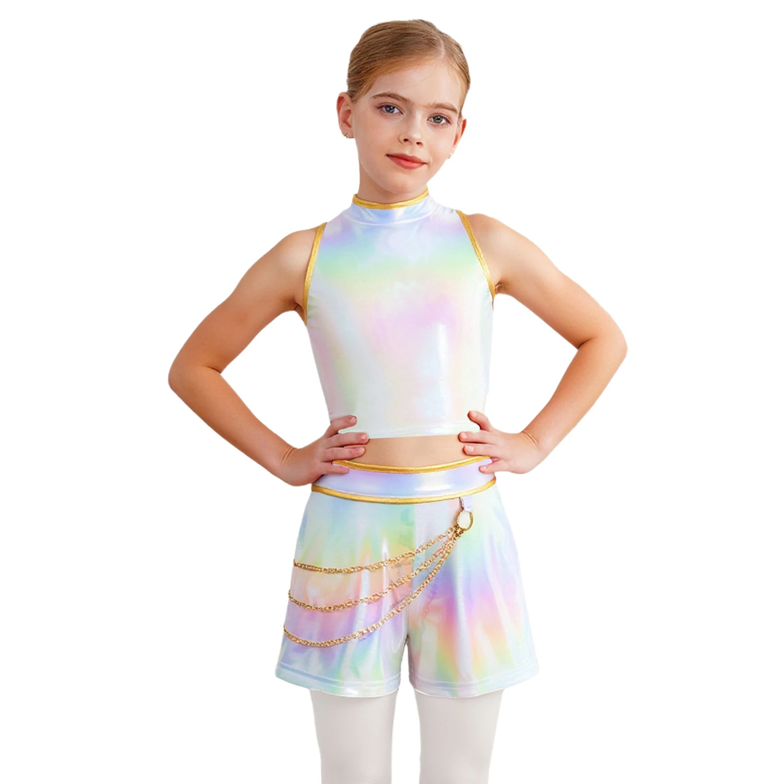 

Детский модный комплект одежды для выступлений певицы для девочек, укороченный топ без рукавов с металлическим поясом и шорты с цепочкой на талии