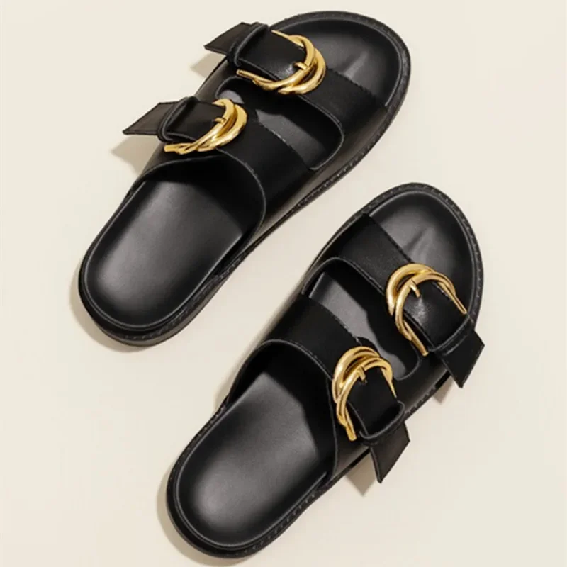 Retro Fashion Design Slide Slippers Women 2024 Summer Black Soft Leather PU Metal Buckle Flat Sandals Light Non-Slip Beach Shoes