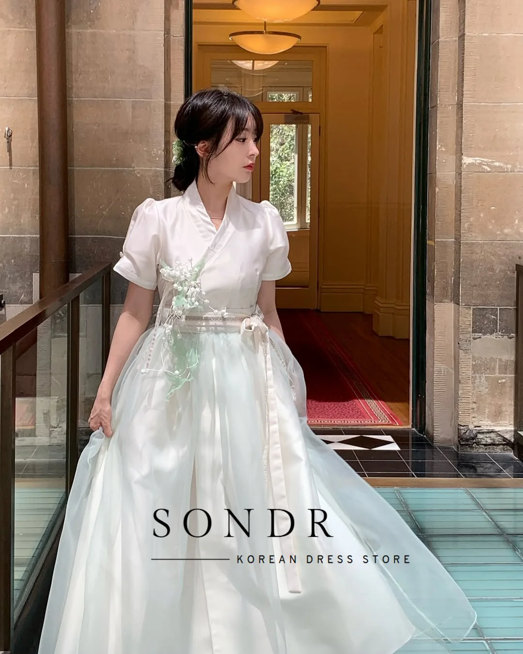 Sondr Customized Hanbok Mint Green Short Sleeves Korean Formal Dresses Evening Party Gown Women Wedding Photo Shoot Dresses