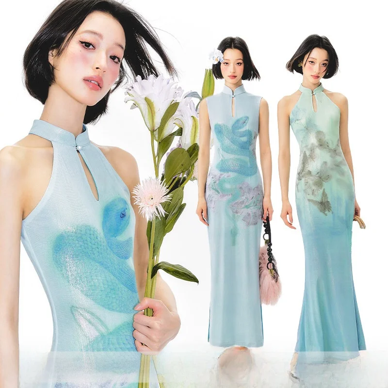 

Новое китайское платье-ципао с принтом Dr Yang Er Da Meng, ретро-стиль, длинное, из полиэстера и спандекса, без рукавов, полной длины