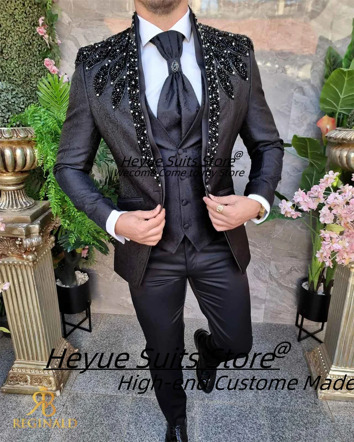 High-qublity Black Jacquard Groom Wedding Tuxedos Customzied Slim Fit Stand Collar Men Suits 3Pcs Sets Formal trajes para hombre