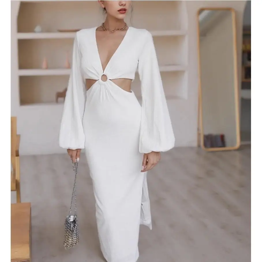 Sexy évider v-ne gilet moulante Dr pour anniversaire Par lumière Maturi Sle longue Sve lanterne Sve robe