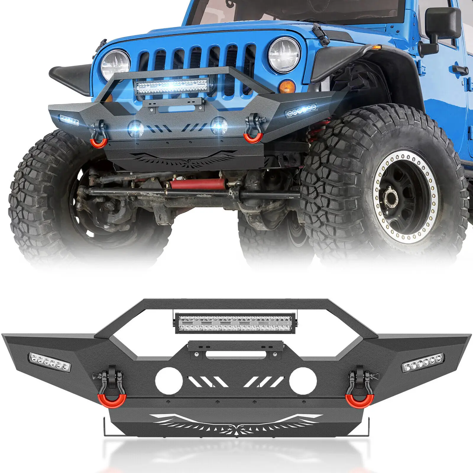 

Front Bumper with Skid Plate, Winch Plate, 3 × LED Light, License Plate Frame & D-rings for 2007-2018 Jeep Wrangler JK JKU
