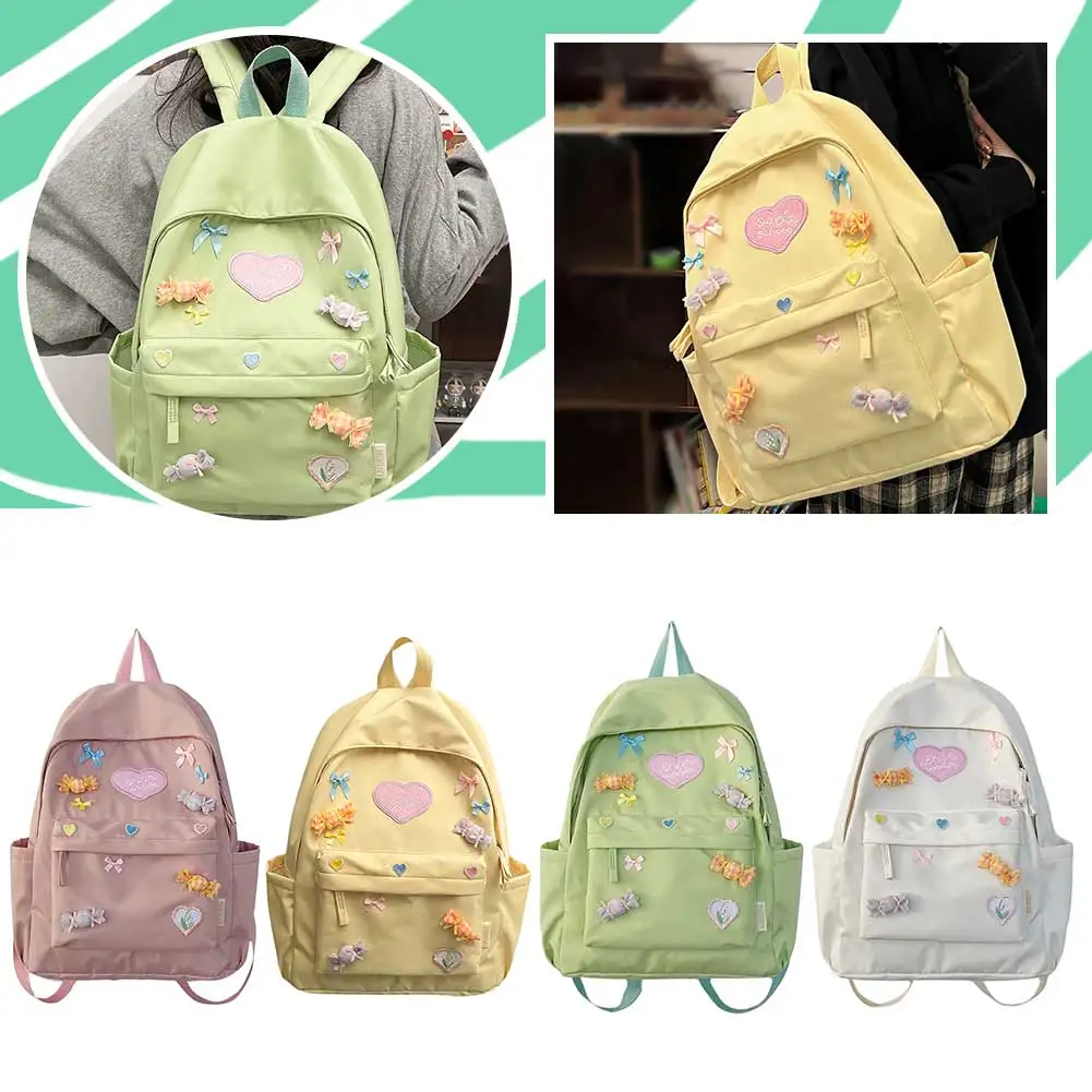 Women Cute Student Bookbag Large Capacity Simple Bow Candy Backpack Zipper Closure Kawaii Backpack Students Daily Backpack