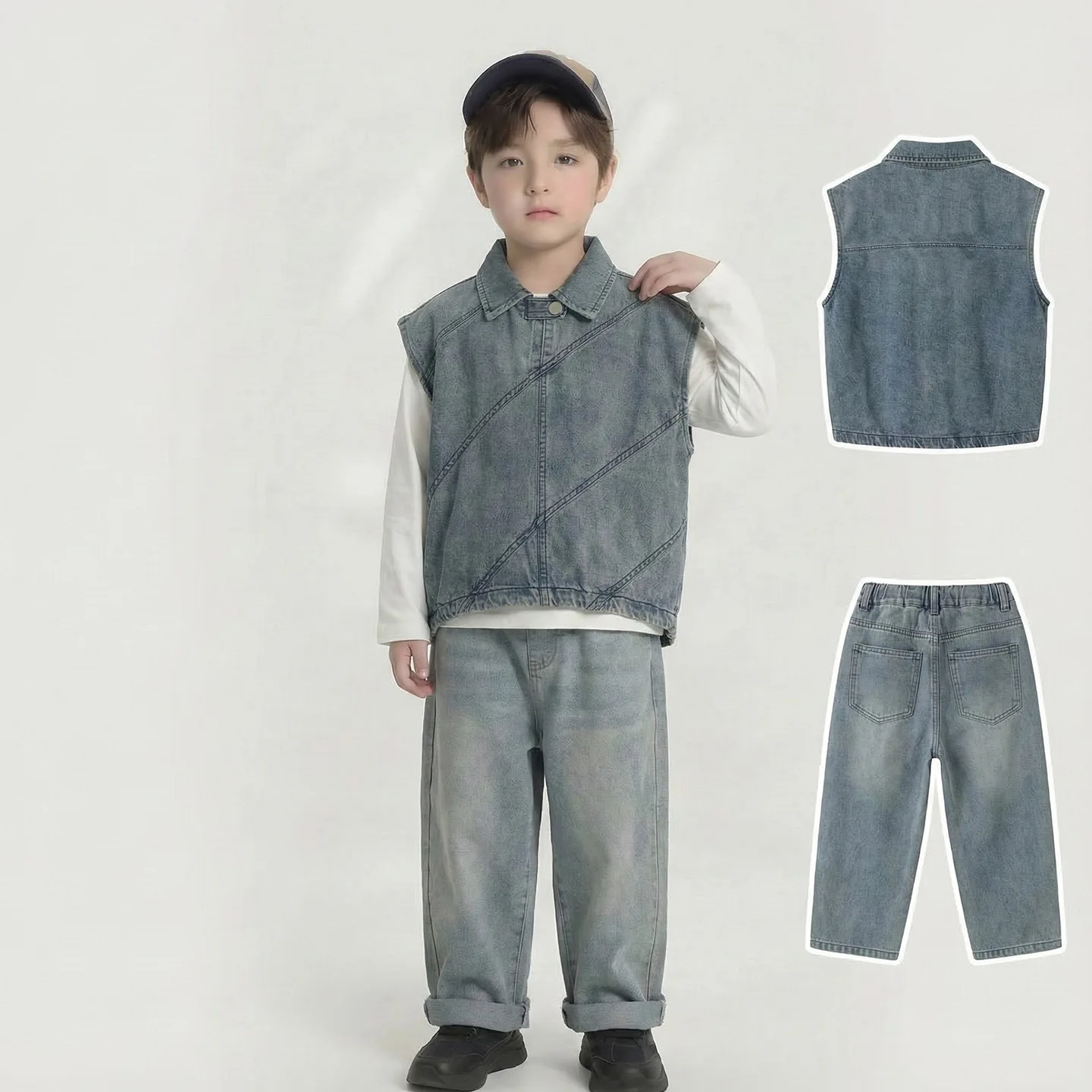

Жилет, повседневный костюм-тройка, базовая рубашка, джинсовый комплект с прямыми штанинами для мальчиков и детей, весенний новый модный удобный однотонный комплект