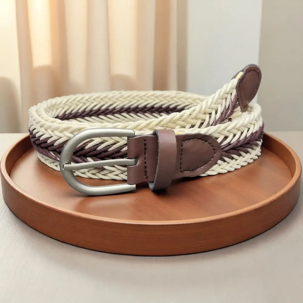 Fashion Braided Waistband Women Vintage Woven Belt Alloy Buckle Two Color Wax Rope Strap For Casual Daily Decoration