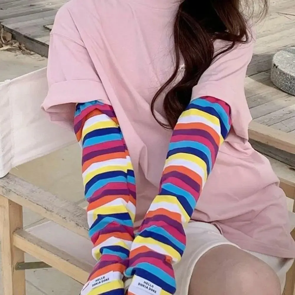 

Y2k Color Strip Ice Arm Sleeve Long Harajuku Stripe UV Protection Arm Gloves Loose Anti-sunburn Breathable Sleeve Cover Driving