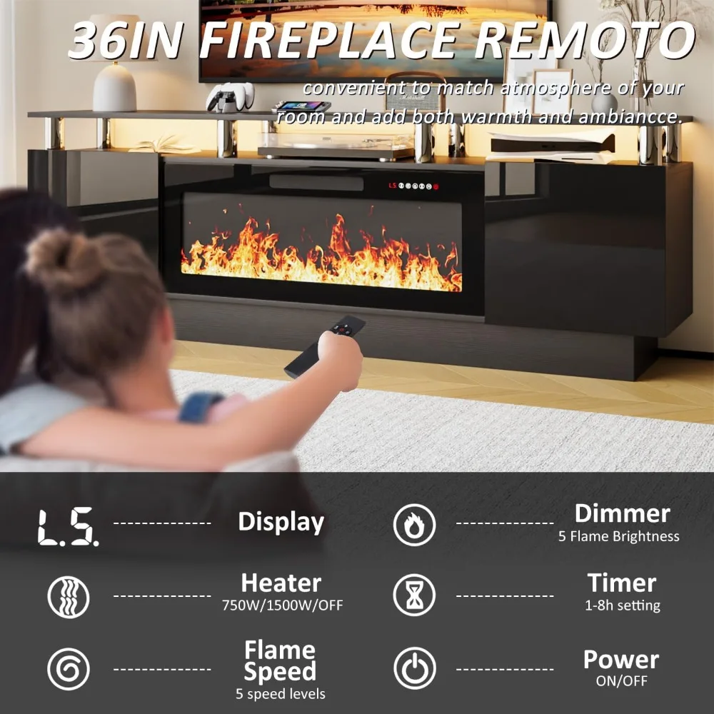 Suporte de TV com lareira de 70 polegadas para TVs de até 80 polegadas Console com lareira elétrica de 36 '' e controle remoto, entretenimento moderno de madeira