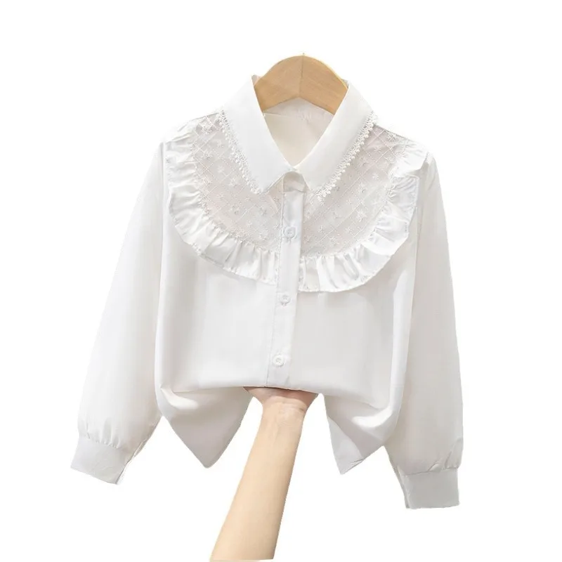 Girls Blouse 2024 Spring Kids Clothes Children Clothing School Girl White Ruffle Blouse Cute Bow Cotton Child Shirt Blusas 2-16Y