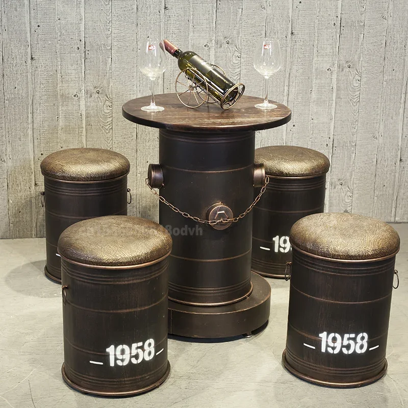 Vintage Industrial Iron Bucket Stool, Milk Tea Clothing Store Table and Chair, Household Storage Oil Bucket Stools, Retro Design