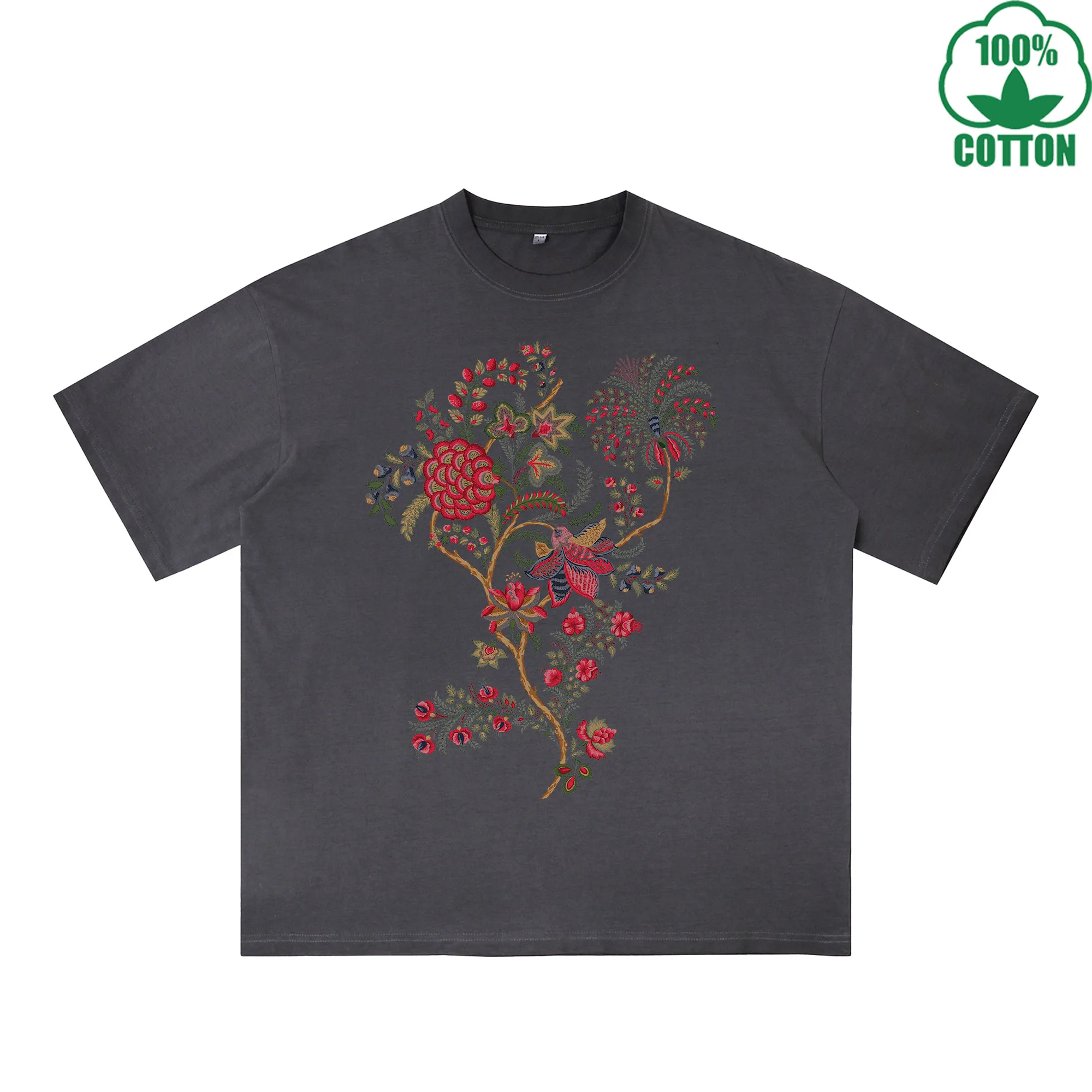 Among the Flowers Printed Dirty WashT-Shirt 230G Multicolor Loose Trendy Fashionable 100%Cotton Short Sleeve Top