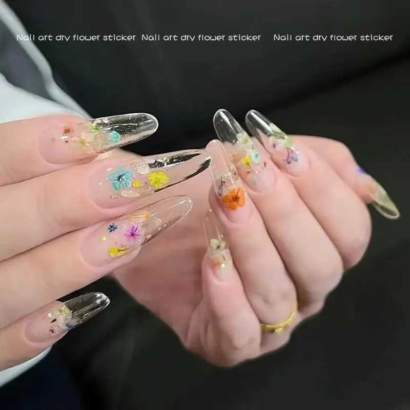 

Вирусные наклейки для ногтей с сухоцветами, 1 шт., эстетичные, градиентные, омбре, с тиснением, текстурой и блестками, самоклеящиеся, для маникюра