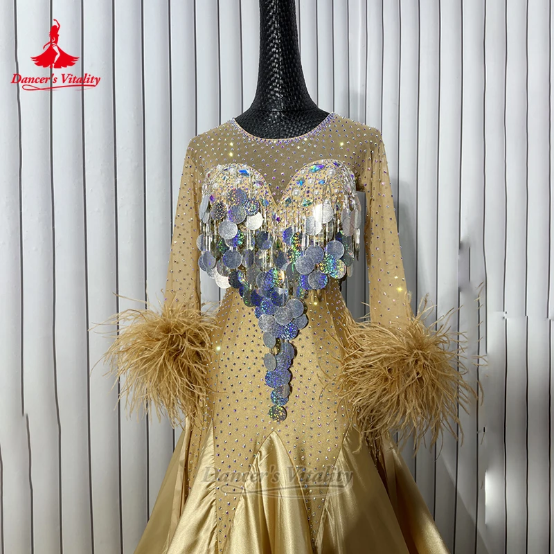 الكبار والطفل الرقص الاجتماعي الترتر الديكور ريشة نمط كبير سوينغ فساتين مخصصة النساء الفالس أداء الملابس حيوية الراقصة