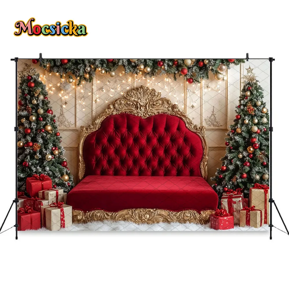 Mocsicka Red Christmas Headboard Background Photography Winter Room Glitter Xmas Tree Gift Backdrop Kids Family Photo Studio